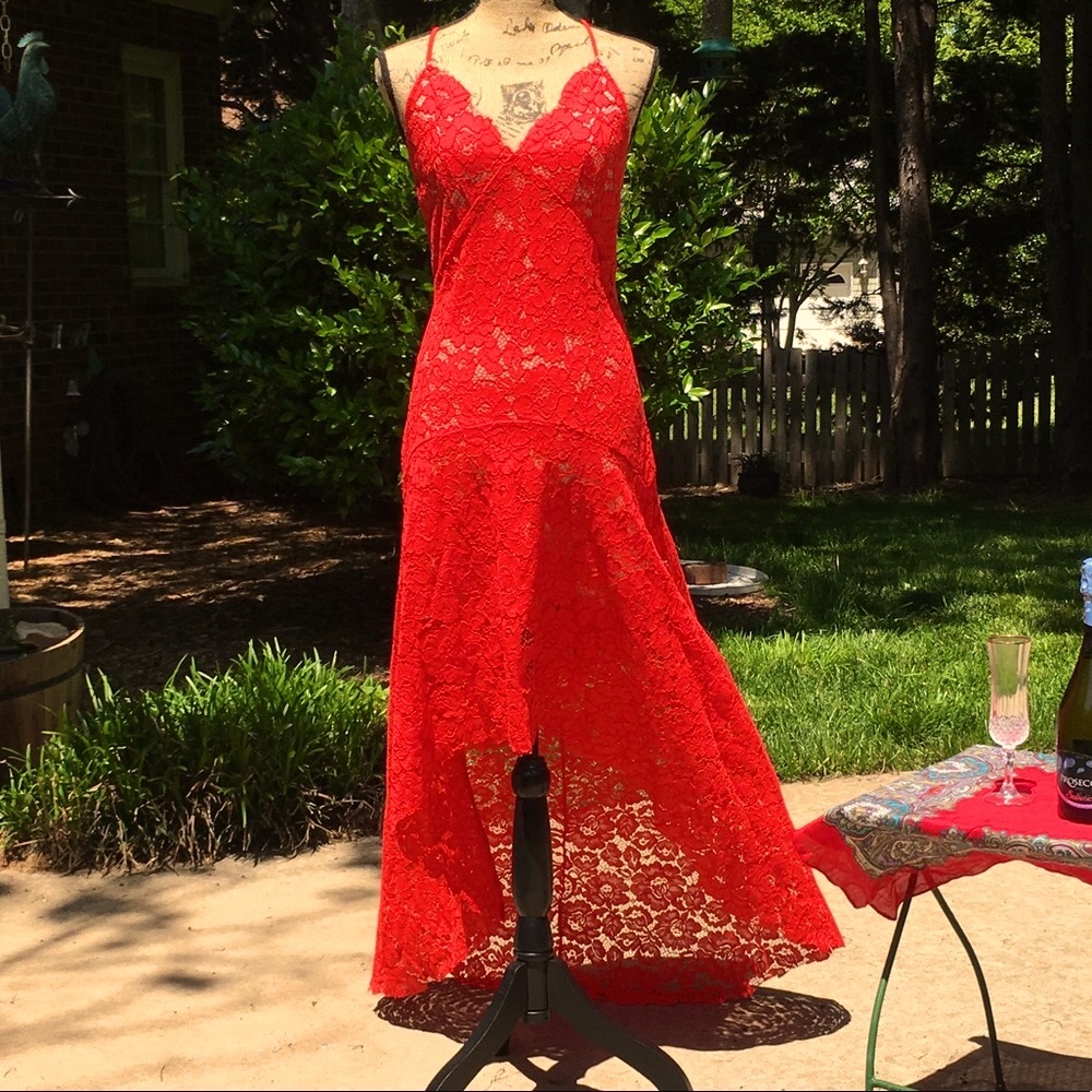 Red guipure lace open back dress